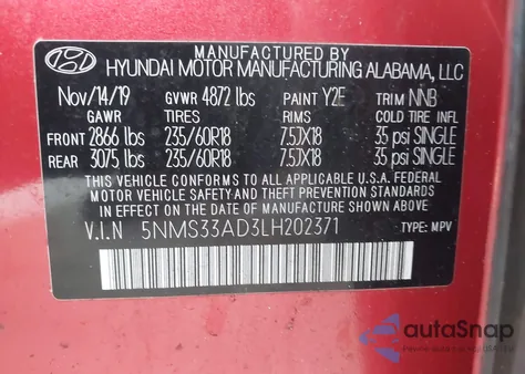 2020 Hyundai Santa Fe Sel z USA, uszkodzony, nr VIN 5NMS33AD3LH202371